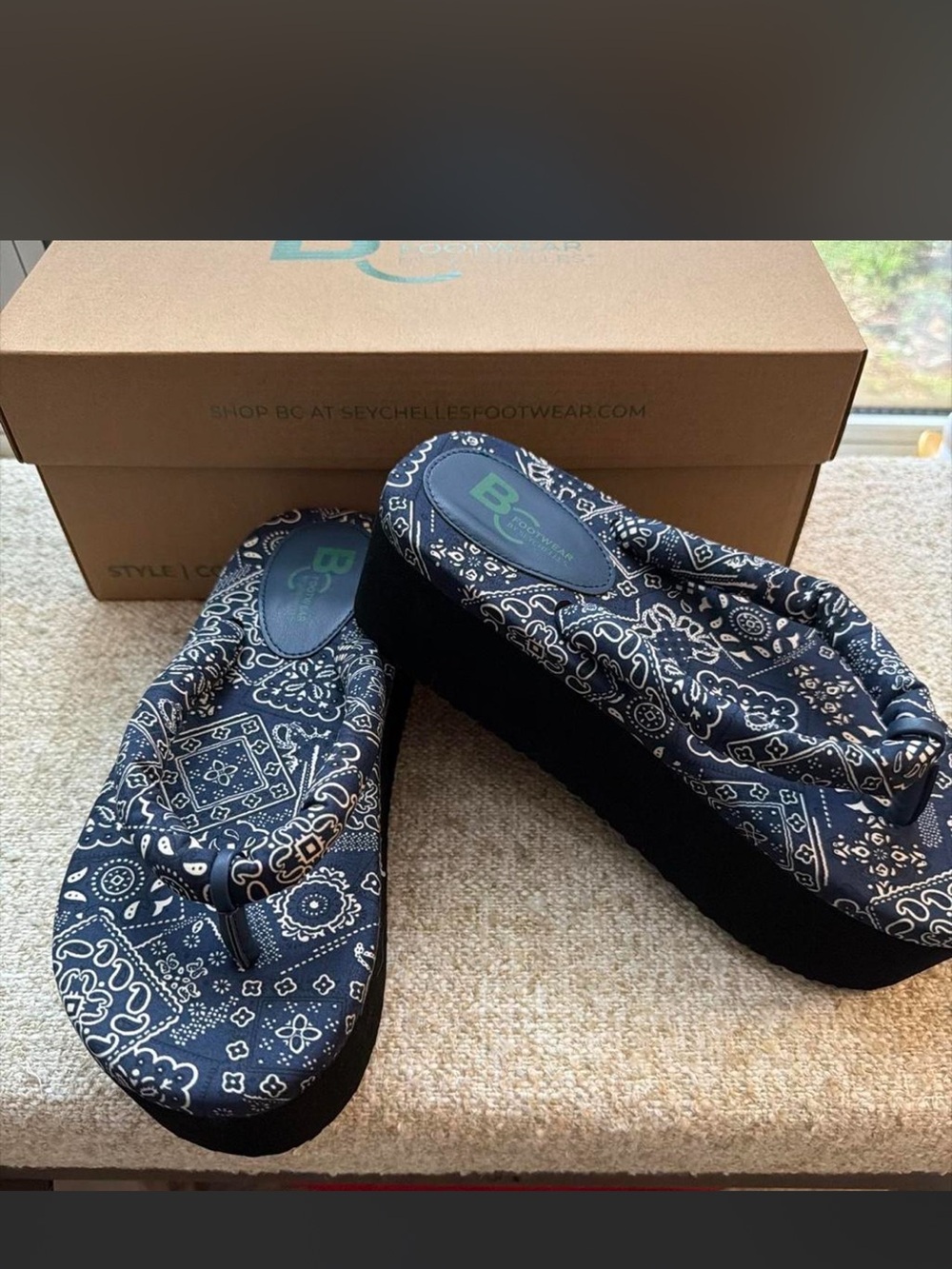 Seychelles Navy Bandana-Print Platform Flip Flops
